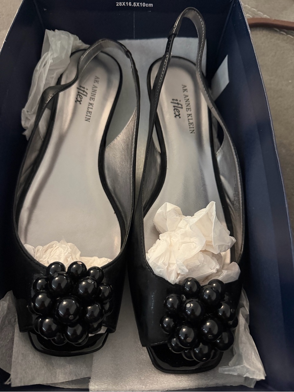 Anne Klein Black Slingback Flats with Pearl-Cluster Toe